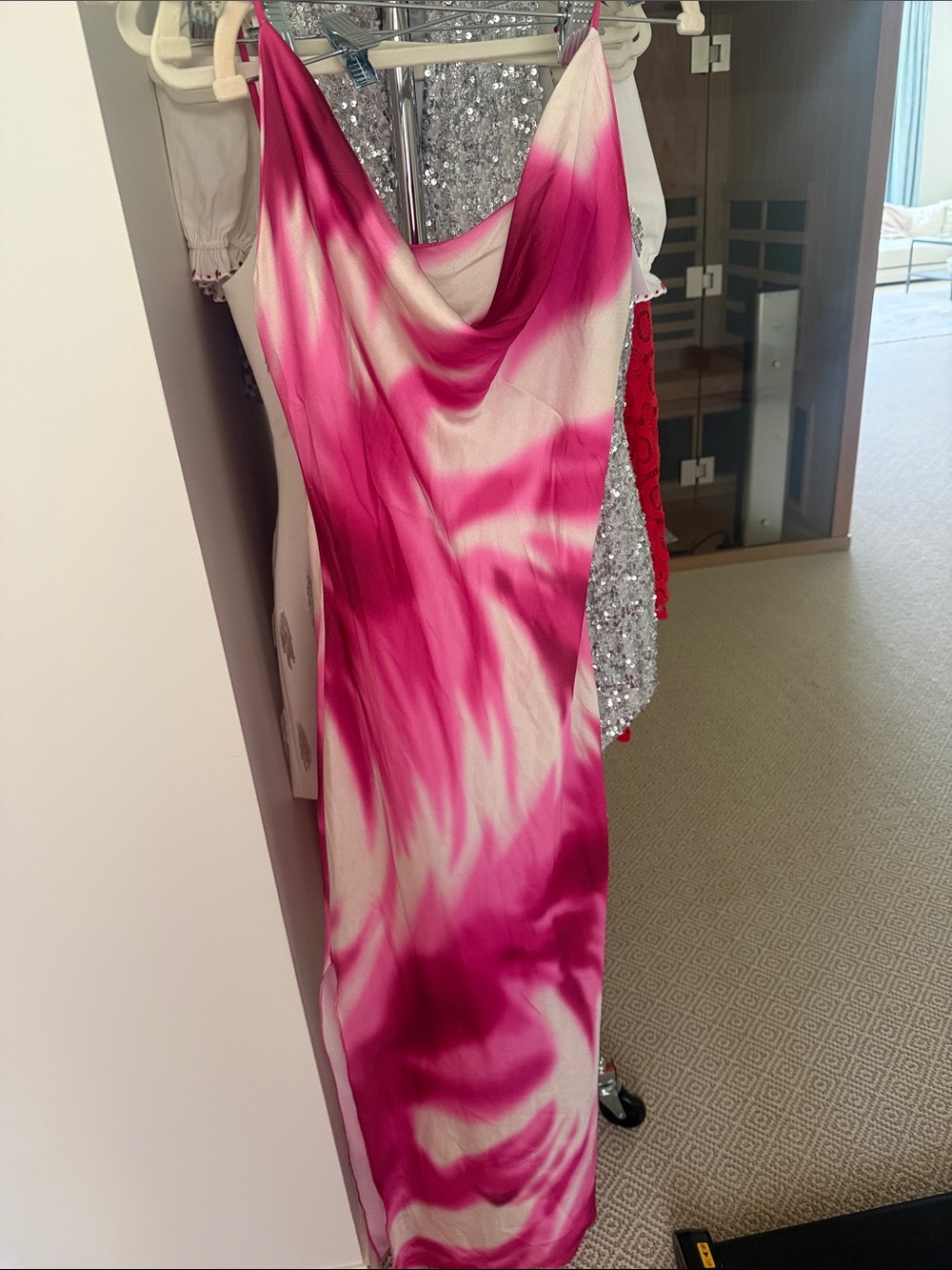 Satin Cowl Neck Pink Tie-Dye Slip Dress